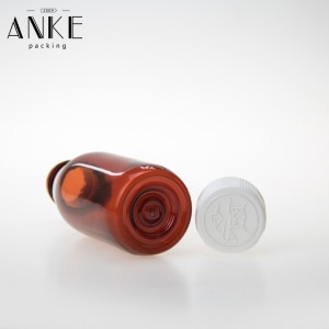 100ml amber PET bottle with white childproof tamper cap