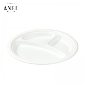 Eco-Friendly and Biodegradable White Sugarcane Pulp Bagasse Plate with 3 Compartments