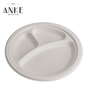 Eco-Friendly and Biodegradable White Sugarcane Pulp Bagasse Plate with 3 Compartments