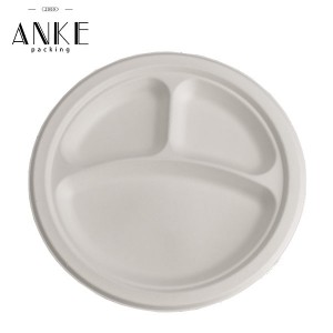 Eco-Friendly and Biodegradable White Sugarcane Pulp Bagasse Plate with 3 Compartments